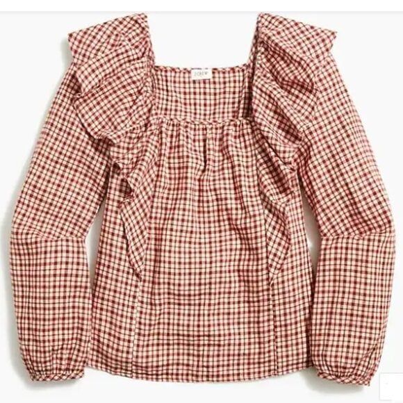J Crew Women's Flannel Squareneck Cotton Ruffle Top Ivory Red Medium - Picture 1 of 4